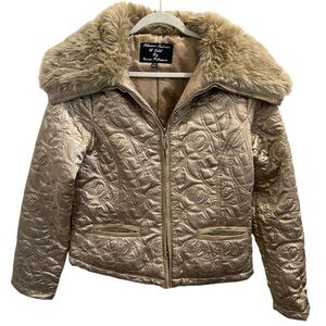 Gold Quilted Faux Fur Collar Jacket Women’s L Satin Look Glam Winter Coat
